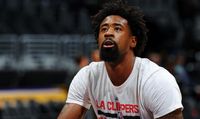 DeAndre Jordan Focuses on the Rim as He Practices a Free Throw