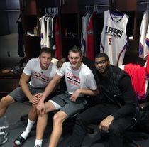 Clipper Teammates Blake Griffin Cole Aldrich and Josh Smith Group Photo in the Locker Room