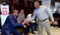 Doc Rivers Fives Paul Pierce as Cole Aldrich and DeAndre Jordan Look on